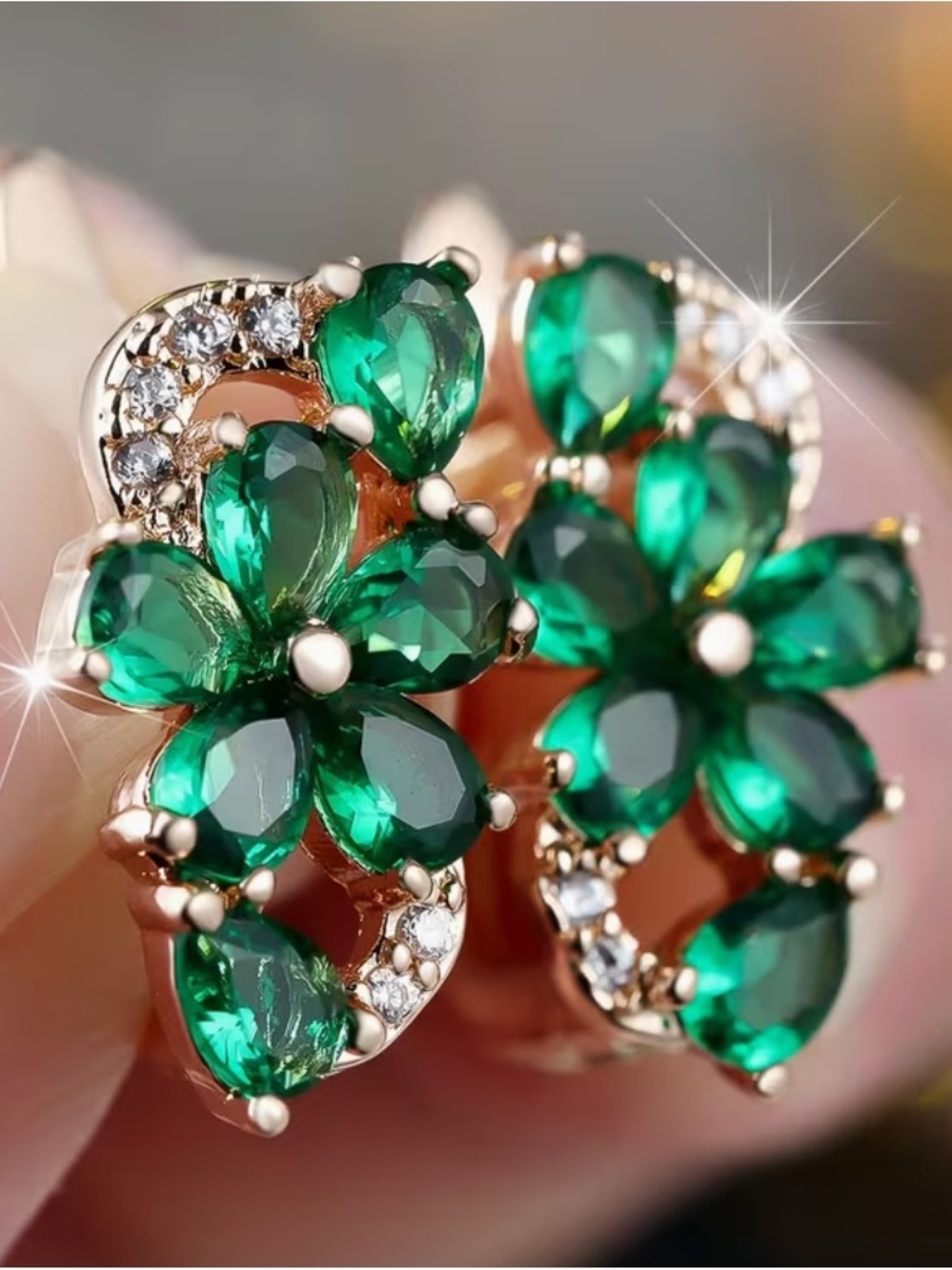 Elegant Green Floral Crystal Earrings.